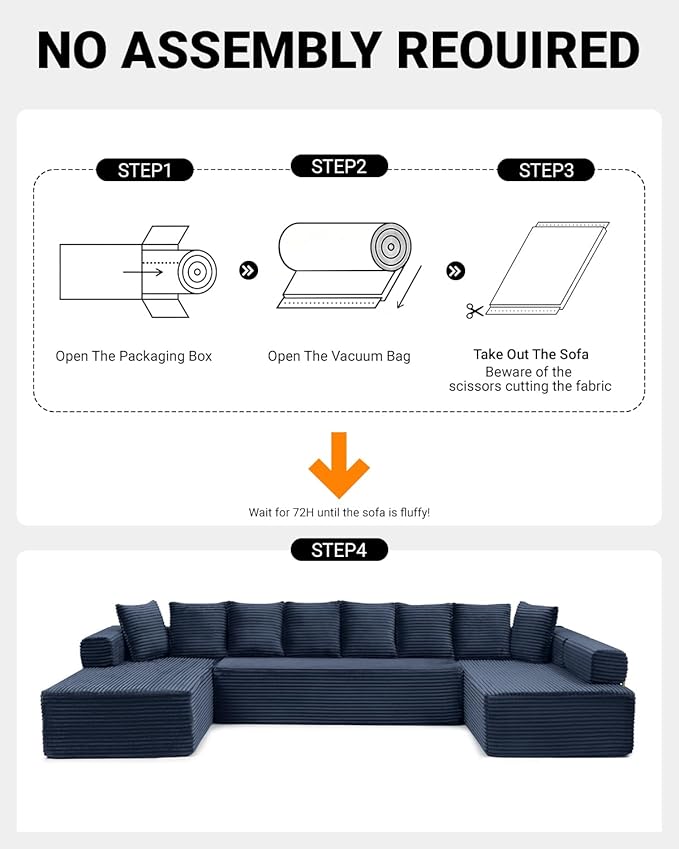 145" Oversized Cloud Boneless Sectional Sofa with Chaise, Corduroy U Shaped Modular Couch with Deep Seat, Fixed Frame Comfy Corner Sofa, No Assembly Required (Blue)