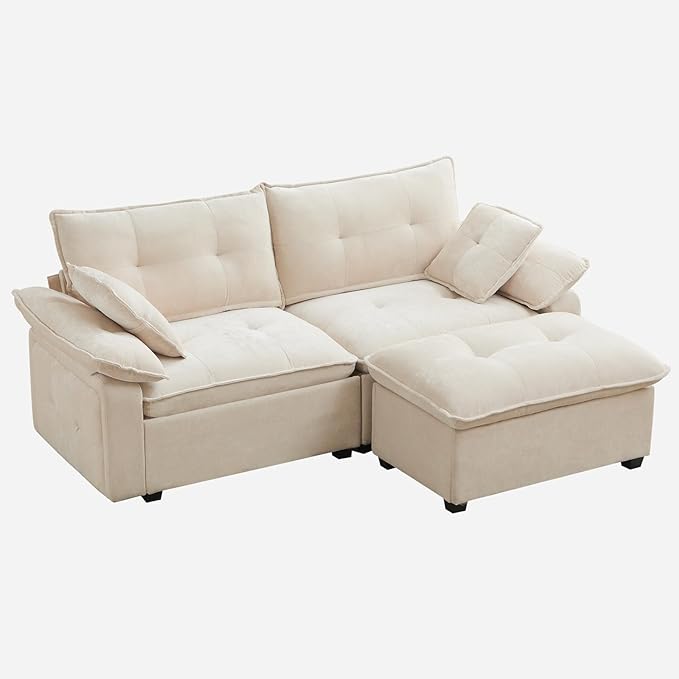 PALLOME 82" Deep Seat Comfy Cloud Couch, Modular Sectional Sofa with Movable Ottoman, L Shaped Chenille Sofa for Small Space, Modern Apartment Living Room & Office (Beige, 2-Seat + Ottoman)