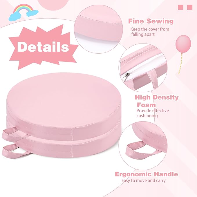 Sawysine 2 Pcs 14 Inch Floor Cushions with Handle, Flexible Round Floor Seating Pillows for Home School Classroom Kindergarten Daycare Nursery, 2 Inch Thick (Pink)