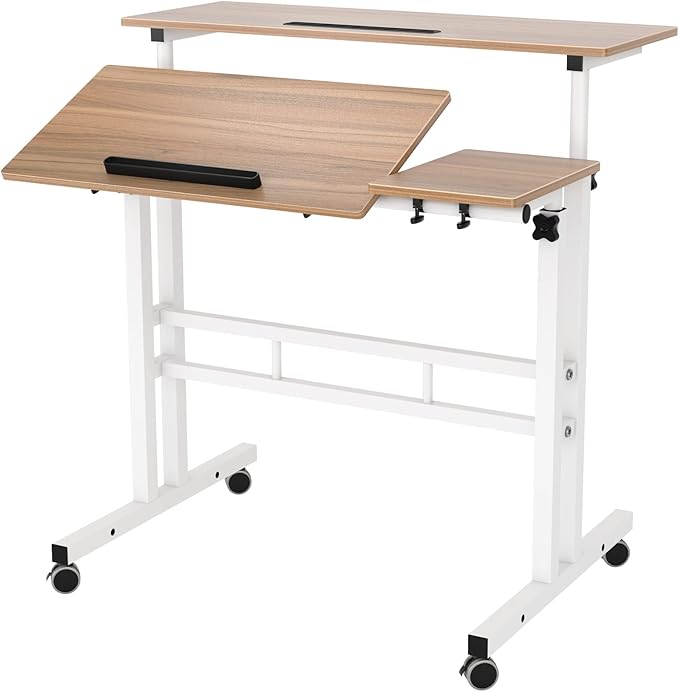 DlandHome Adjustable Rolling Desk Standing Desk, Sit-Stand Desk Cart Mobile Computer Desk Stand Up Desk Office Desk Riser Standing Table Workstation Mobile Desk, Oak