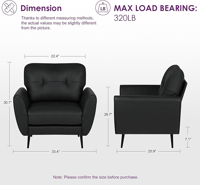 TYBOATLE Accent Chairs Set of 2, Comfy Modern Living Room Chair Black Leather Reading Accent Chairs Tufted Mid Century Arm Chair Small Salon Chair for Office Bedroom (2, Black)