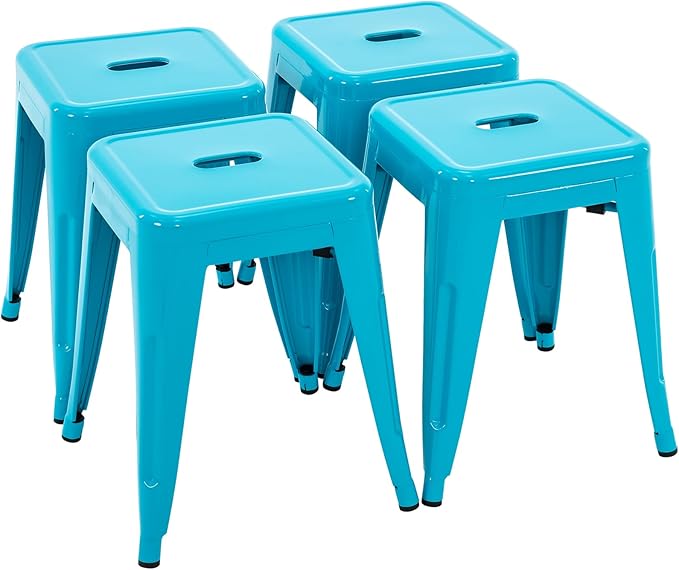 Brage Living 18 Inch Industrial Metal Stools Set of 4, Stackable Classroom Stools, Backless Metal Dining Chairs for Indoor Outdoor, Kitchen Short (Teal Blue)