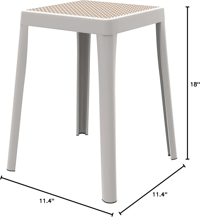 LeisureMod Stackable Square Plastic Dining Stool - Mid-Century Modern Backless Accent Stool with Wicker Top for Kitchen & Dining Room, White