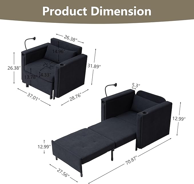 ORRD Pull Out Sofa Chair Bed, 2-in-1 Multi-Functional Sleeper Couch Small Loveseat Bed with Hidden Side Table, Phone Holder and Cup Holder for Living Room, Small Space, Apartment (Black)