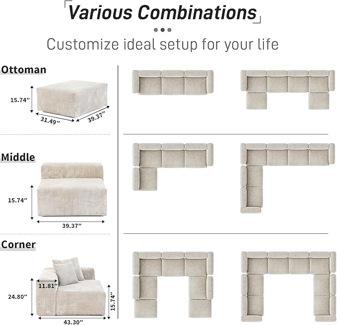 WJShome Modular Sectional Sofa Couch,141.73inch Oversized 3 Seater Sofa,Upholstered with Corduroy Fabric Couches with 5 Pillows,Cushion Covers Removable& Washable