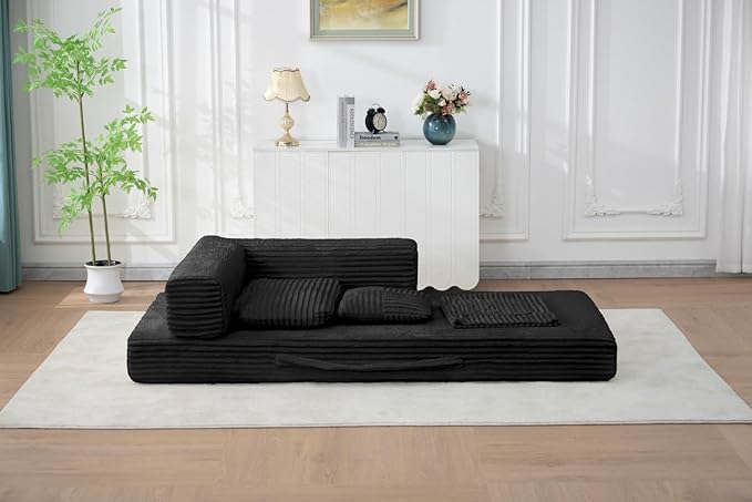 Folding Sofa Bed, Corduroy Loveseat Sleeper with Fixed-Shape Frame, No Assembly Needed Futon Couch, Convertible Floor Sofa Lounge Couch for Living Room, Bedroom, Lounge Studio, Black