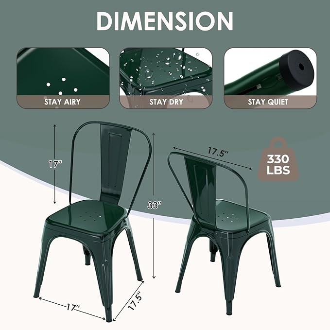 Metal Dining Chairs Set of 4,Stackable Tolix Chair Indoor/Outdoor for Kitchen,Cafe,Restaurant,Bistro & Patio Multiple Colors(Dark Green)