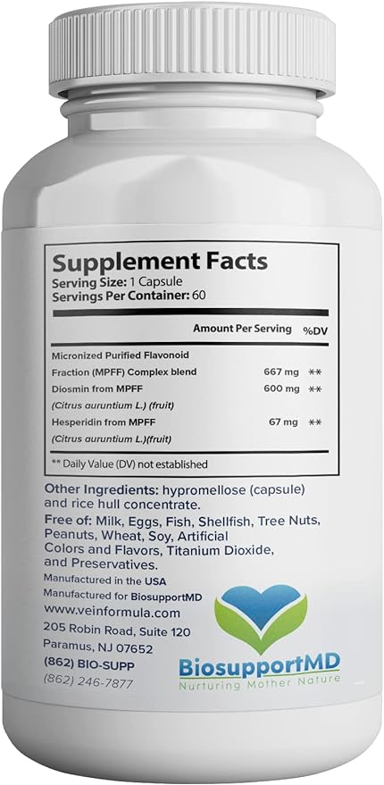 VITASUPPORTMD Vein Formula, Blood Circulation and Leg Vein Supplement, 60 Capsules, Diosmin Hesperidin 667 mg from MPFF, Micronized Bioflavonoids