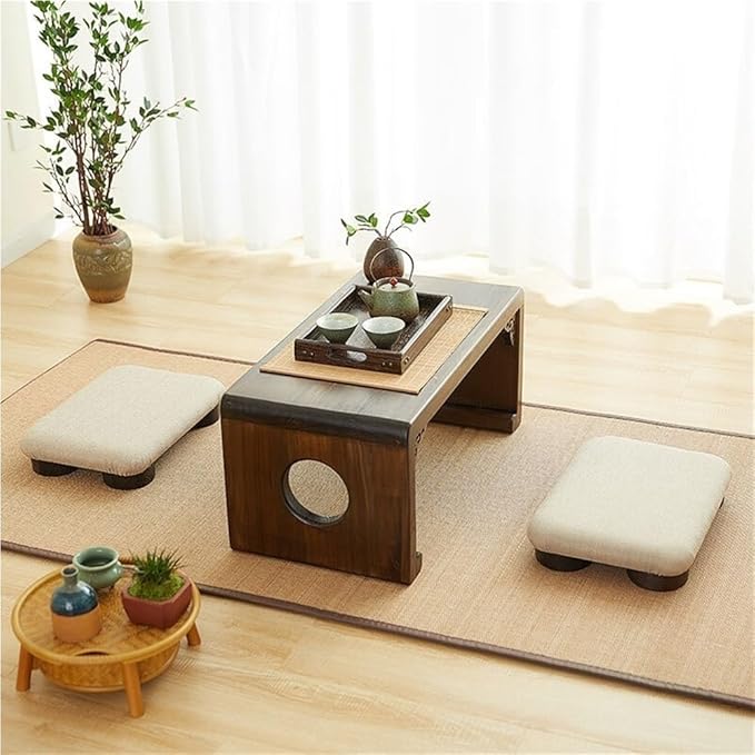 Japanese Tatami Low Stool, Solid-Wood Floor Chair with Cushioned Linen, Bedside Bench or Low Table Seating, Footrest for Meditation(50 * 40 * 7cm)