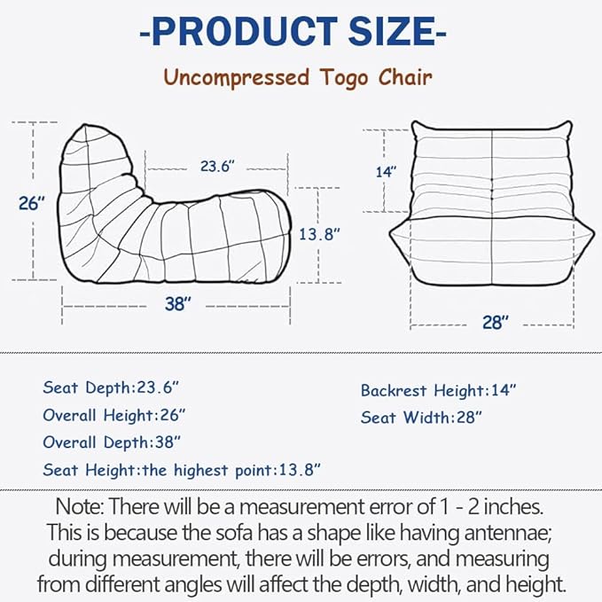 cebihy High-end Uncompressed Fireside Togo Chair, Bean Bag Chair, Foam Floor Sofa, Soft Lazy Lounge Sofa Couch, Armless Teddy Fabric Cover Beanbag Accent Chairs for Living Room Bedroom Dorm Office