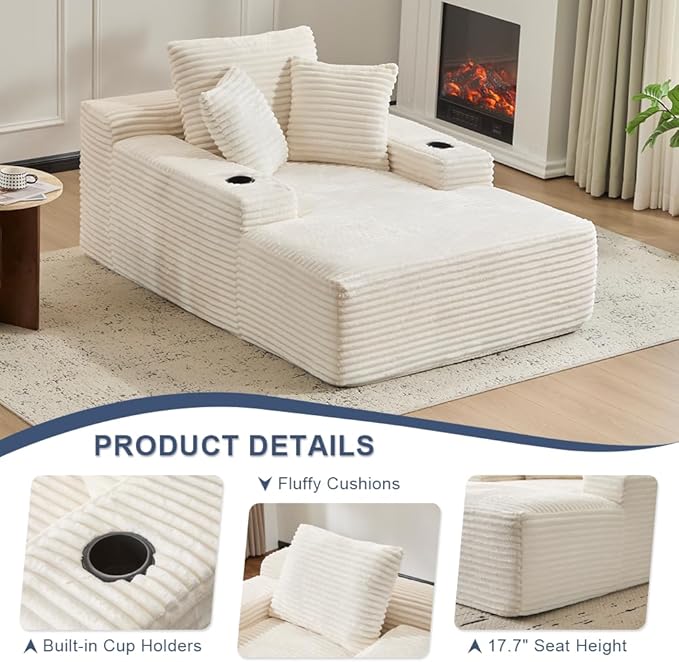 66" Oversized Chaise Lounge Sofa Chair Indoor, Modern Corduroy Single Sleeper Couch Chair with 3 Soft Pillows＆Cup Holder, Boneless Cloud Couch Single Seat Sofa Bed for Living Room Office (White)
