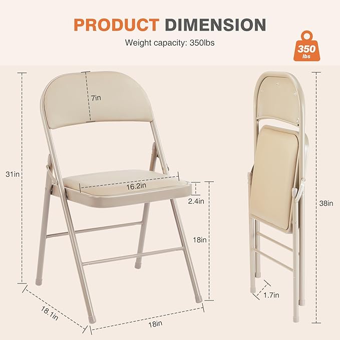 Sweetcrispy Folding Chair 4 Pack, Leather Padded Folding Chairs, Sturdy Metal Foldable Chairs, Easy to Use and Store, Outdoor and Indoor, for Home, Office, Party, Comfy, Kahki(5H98TJNL)