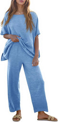 Tankaneo Women's 2 Piece Travel Outfits Casual Short Sleeve Knit Sweater Set Wide Leg Pants Lounge Sets Tracksuit