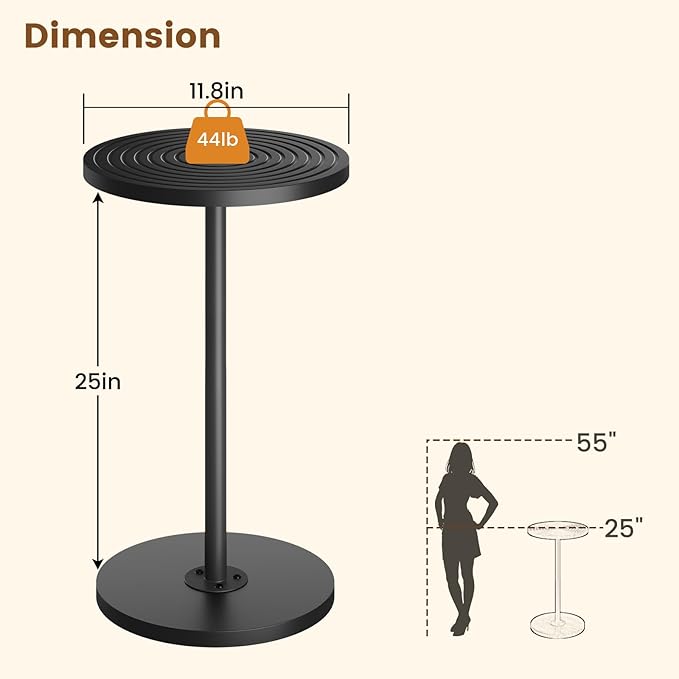 Asgolion Round Side Table, Small Drink Table, Pedestal Martini Stand, Weighted Base Cocktail Table Accent Nightstand for Living Room, Bedroom, Bathroom, Office, Black
