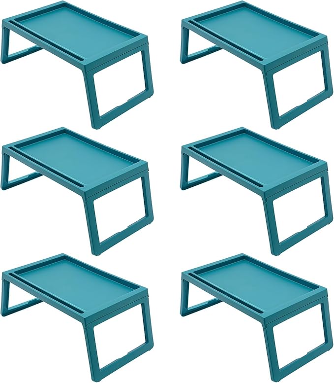 6PC Bed Tray Table with Folding Legs, Plastic Small Breakfast in Bed Tray Laptop Table Foldable Lap Desks for Eating on Sofa Laptops Sleepover Slumber Party Kids Adult (Blue)