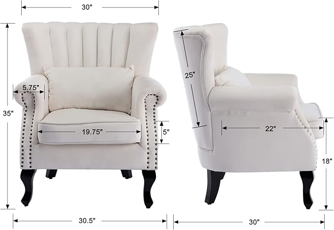 DM Furniture Mid Century Accent Chair Modern Tufted Wingback Armchairs Club Chair Velvet Fabric Single Sofa Reading Chair with Pillow for Living Room, Cream