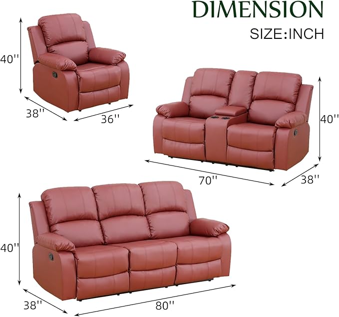 Caberryne Leather Recliner Sofa Set，Leather Reclining Couch for Living Room Furniture Sets，Red Recliner Couch with 5 Recliners for Living Room/Office/Theater Seating(Sofa Set 3 Pieces)
