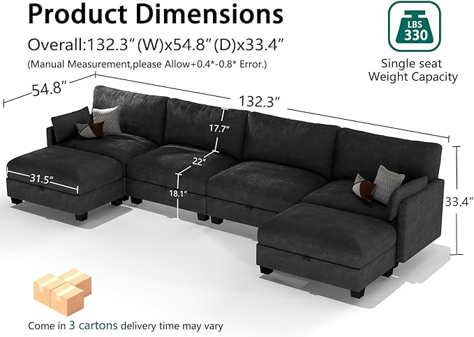 Modular Sectional U Shaped Sofa Couches for Living Room, Cloud Couch with Storage Ottoman, Comfy Chenille Sofa with Pillow, Black