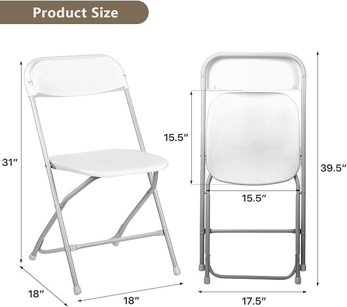 Folding Chairs 10 Pack, Heavy-Duty Plastic Foldable Chairs with Sturdy Metal Frame, 350 lbs Capacity, Stackable Portable for Weddings, Parties, Office, Indoor, Outdoor Events, White