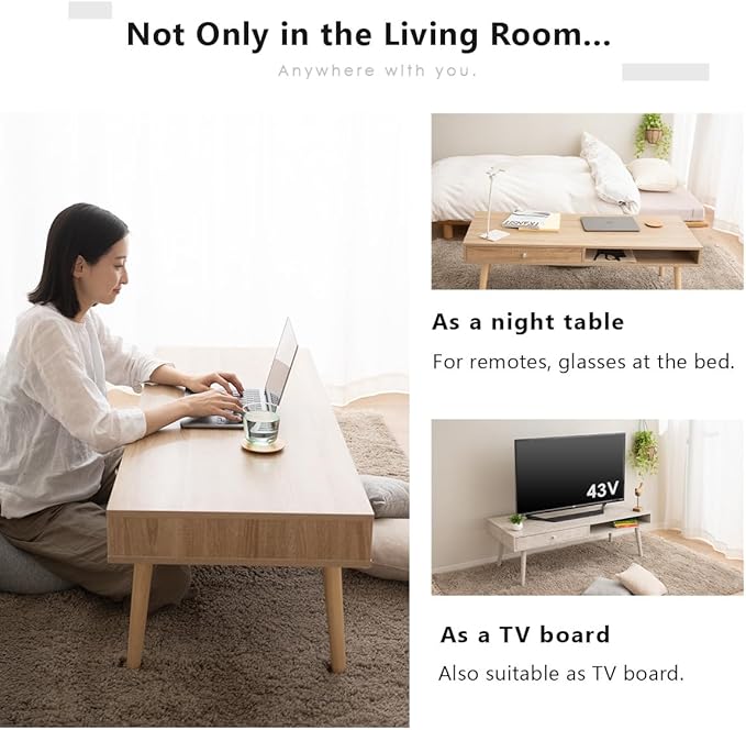 EMOOR Wooden Small Coffee Table with Storage Rectangle Large (47.2"x19.7") Oak, Floor Sitting Low Table Small Space Minimalist Japanese Tatami Room