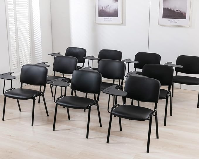 HNY Black Tablet Arm Chairs Set of 10, PU Comfort Office Waiting Room Guest Nesting Stacking Reception Chairs with Flip-Up Table Conference Chair for School Classroom Training Meeting Room