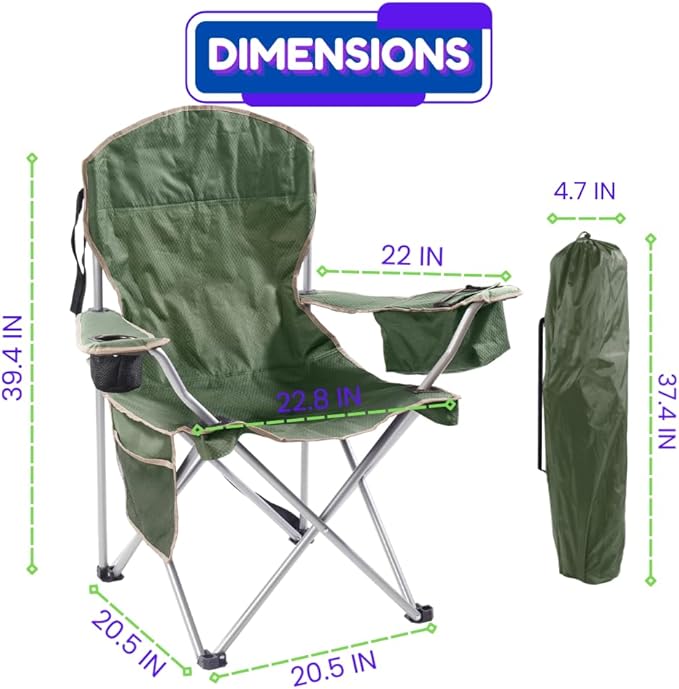 EZONE 2-Pack Camping Chairs with Built-in Ice Cooler, Portable Chair, Storage Pocket, Cup Holder, and Carry Bag Perfect for Camping, Tailgating, Fishing, Beach, and Lawn (2, Olive Green)