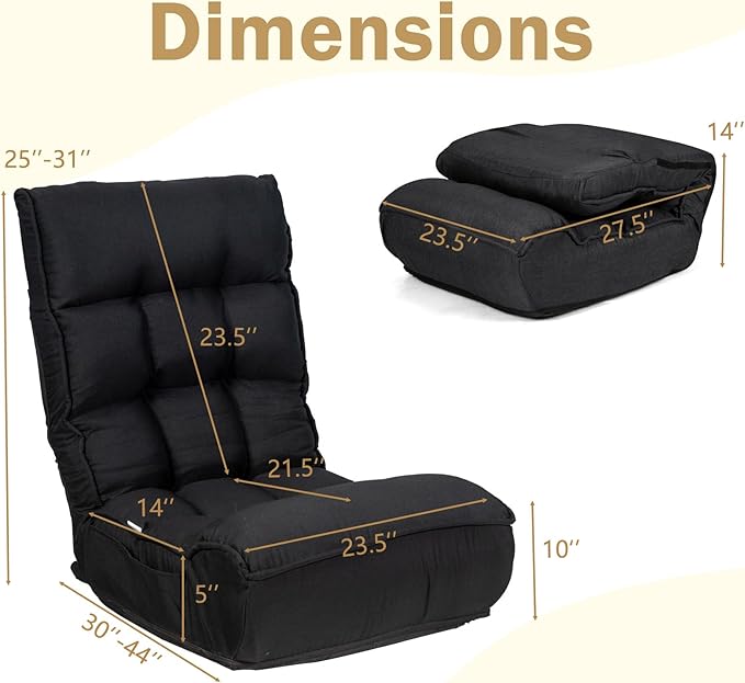 KOMFOTT Folding Floor Chair for Adults, Floor Gaming Chair with 5-Position Adjustable Headrest & 4-Position Adjustable Backrest, Side Pocket, Floor Seating Lazy Sofa for Reading, Meditating, Black