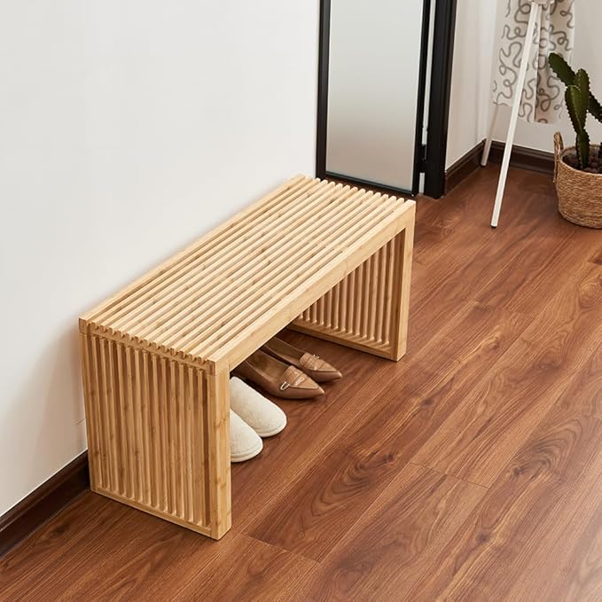 Berkvee Versatile Wooden Slatted Bench - Sleek Modern Design for Dining, Entryway, Bedroom - Indoor Use with Storage Capability for Home, Kitchen, Bathroom & Beyond (Natural)