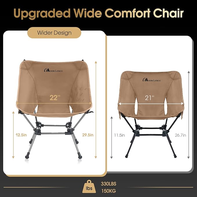 MOON LENCE Portable Camping Chair Plus, Upgraded Comfort & Size, Compact and Lightweight Still, Folding Chair for Backpacking & Hiking, 330Lbs Capacity (Khaki)