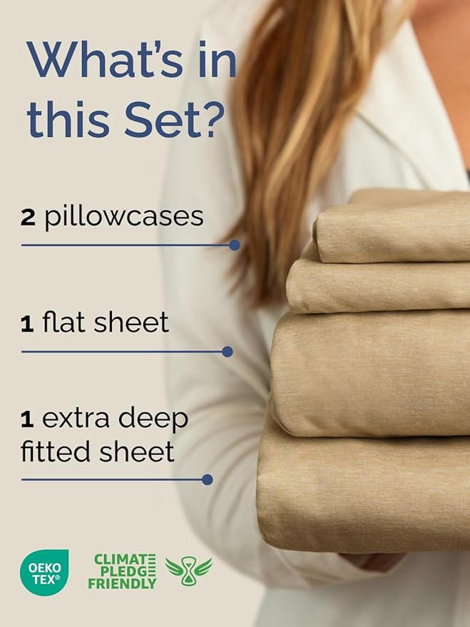 Extra Deep Pocket Full Sheets - 4 Piece Breathable & Cooling Bed Sheets - Hotel Luxury Bed Sheet Set - Soft, Wrinkle Free & Comfy - Easily Fits Extra Deep Mattresses - Deep Pocket Heathered Tan Sheets