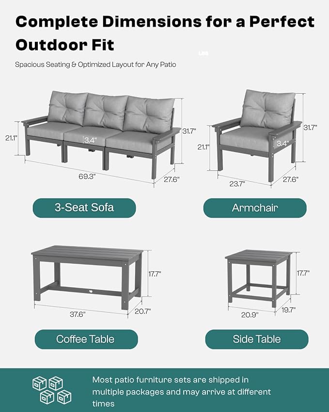 HDPE 10 Piece Outdoor Patio Furniture Set, All-Weather Outdoor Couch Bistro Set with Hick Cushions & Table, Patio Conversation Sets for Lawn, Garden, Porch, Balcony, Deck, Poolside, Grey