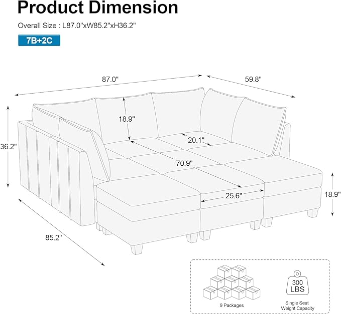 Belffin Modular Sectional Sofa Bed with Storage, 9-Seater Velvet Reversible Sleeper Couch for Living Room, Beige