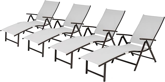 VredHom 4PCS Patio Chaise Lounge Outdoor Adjustable Folding Lounge Chair Recliner with 8 Adjustable Backrest Positions for Pool Beach Yard, Light Grey Textliene & Brown Aluminum Frame