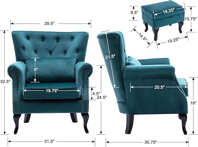 Janoray Mid Century Modern Accent Chair Upholstered Armchair Comfy Velvet Tufted Wingback Single Sofa with Ottoman for Bedroom Living Room, Teal