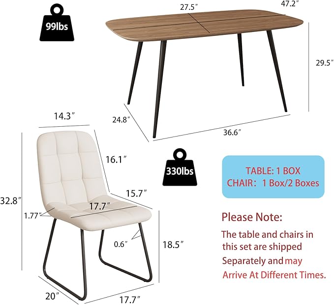 47.2'' Dining Table Set for 4,Modern Wood Dining Table,Leather Dining Chairs 4,Table and Chairs Set of 4,Ideal for Kitchen Dining Room (Walnut Color Table + 4 U-Shaped White Chairs, 47.2")