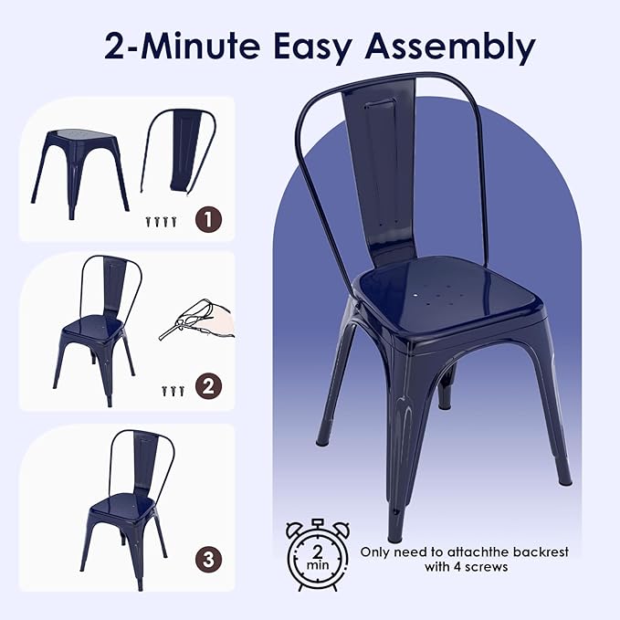 Metal Dining Chairs Set of 2,Stackable Tolix Chair Indoor/Outdoor for Kitchen,Cafe,Restaurant,Bistro & Patio Multiple Colors(Dark Blue)