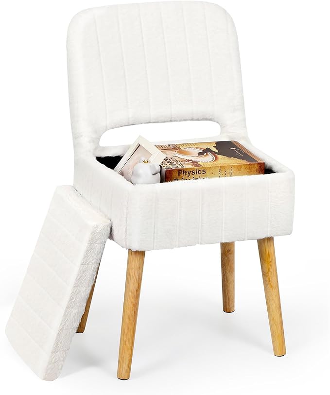 Vanity Stool Chair with Storage and Folding Backrest, White Soft Faux Rabbit Fur Upholstered Footstool, 4 Solid Wood Legs with Anti-Slip-Scratch Foot Pads, Furry Padded Seat for Makeup, Bedroom