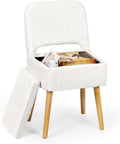 Vanity Stool Chair with Storage and Folding Backrest, White Soft Faux Rabbit Fur Upholstered Footstool, 4 Solid Wood Legs with Anti-Slip-Scratch Foot Pads, Furry Padded Seat for Makeup, Bedroom
