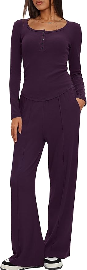 Darong Womens 2 Piece Matching Lounge Sets 2026 Long Sleeve Henley Shirts Wide Leg Pants Airport Travel Outfits