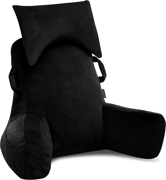 Unisakey Portable Reading Pillows with Headrest for Bed Sitting Up(Black Oeko-Tex), Velvet Back Pillow with Arms & Pockets for Adults, Support Memory Foam Bed Pillow for Dorm/Reading/Watching/Gaming