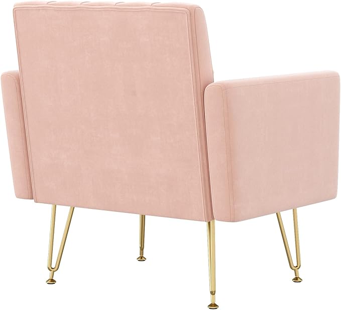 Accent Chair for Living Room, Comfy Oversized Velvet Upholstered Arm Chairs, Mid Century Modern Reading Single Sofa Side Chair with Tufted Back and Gold Legs for Bedroom (1, Pink)