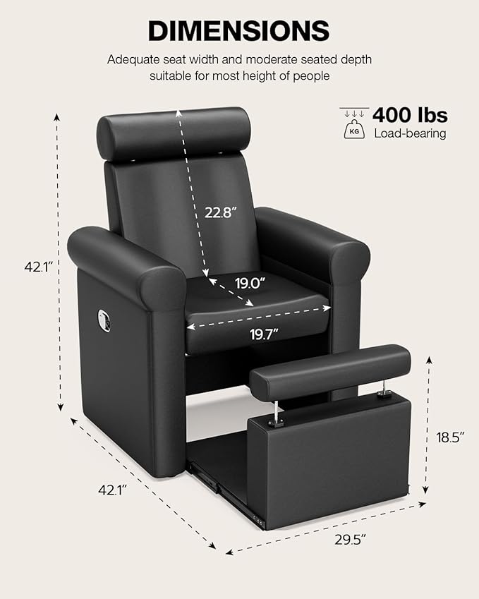 VARONXE Pedicure Chair No Plumbing, Professional Reclining Pedicure Station for Nail Tech, Foot Spa Unit w/Adjustable Footrest & Headrest, Pull-Out Base for Small Space, Black