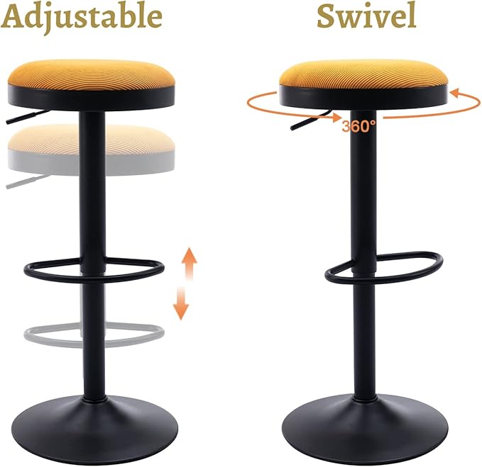 EALSON Modern Swivel Bar Stools Set of 4 Adjustable Counter Height Backless Barstools with Metal Base Fabric Upholstered Round Bar Stool Chairs for Kitchen Island/Pub/Breakfast Bar, Yellow