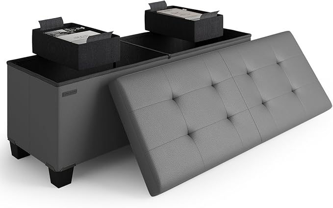 Storage Ottoman Bench with Bins, 43-in Storage Bench for Bedroom End of Bed, Folding Foot Rest Ottoman for Living Room Max 660lbs, Faux Leather Ottomans, Grey