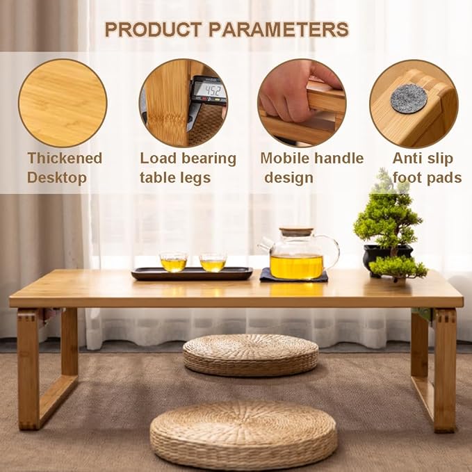 Portable Rectangle Foldable Coffee Table - Japanese Low Bamboo Table for Sitting on Floor, Dining, Tatami - Living Room Bedroom Meditation (23.6*15.7*10.2in)