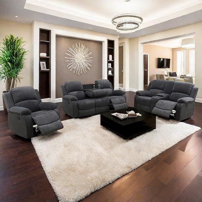 Manual Reclining Sofa Set with Drop-Down Table, Corduroy Sofa Sets, Living Room Furniture Sets, Modern Manual Recliner Sofa Sets with Storage Console for Living Room (Dark Grey, Sofa+Loveseat+Chair)