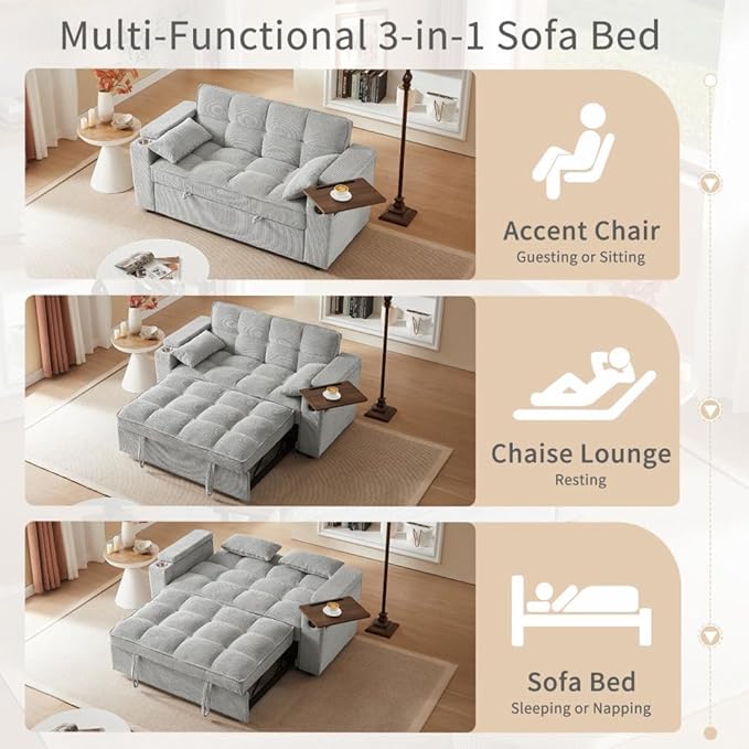 oaaktu ﻿ Large Size Convertible Sleeper Sofa Bed,Polka dot Velvet Pull Out Futon Couch with Storage handrails & Rotating Side Tables,Convertible Sofa Couch for Living Room,RV (Light Gray)