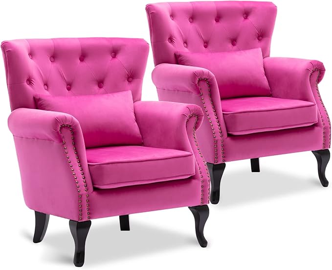 LZAREAL Accent Reading Arm Chairs Set of 2 for Living Room Bedroom, Midcentury Modern Comfy Corner Sofa Chair, Wingback Waiting Room Club Chair with Button Tufted Back &Lumbar Pillow, Velvet Rose