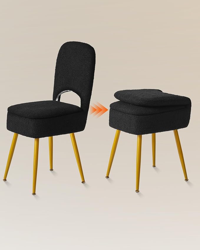 IBUYKE Small Storage Vanity Stool with Folding Backrest, 12.99" x 13.78" x 31.5" Square Teddy Velvet Ottoman, Makeup Chair for Living Room, 4 Metal Legs with Anti-Slip Feet, Black WBD027B