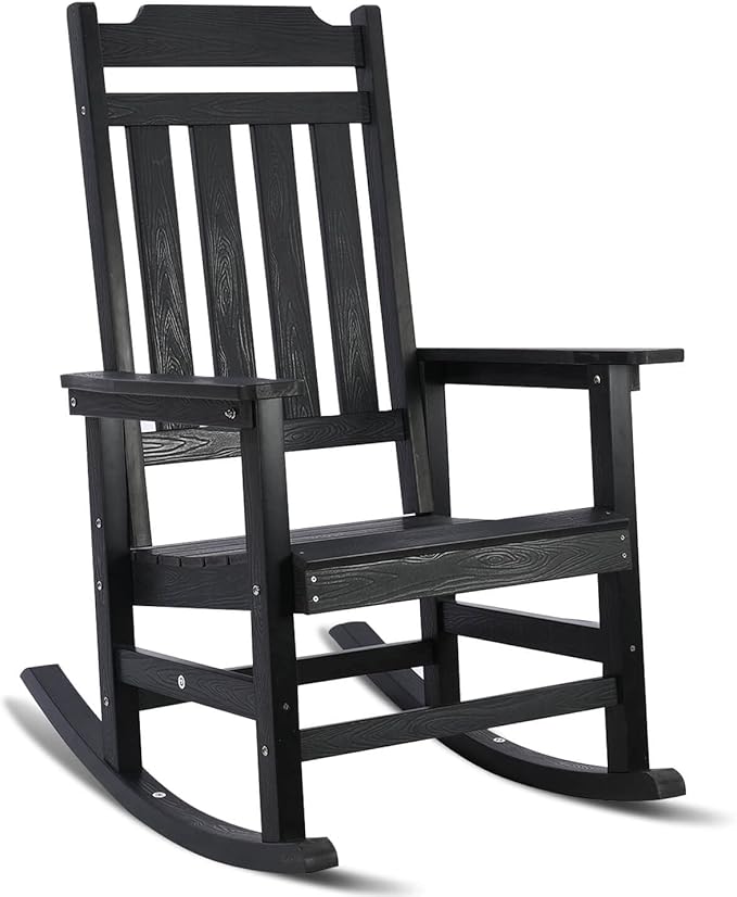 hOmeQomi Rocking Chair, All Weather Resistant Poly Lumber Outdoor Porch Rocker, Rocking Chairs for Outdoor, Indoor, Patio, Deck, Garden, Backyard, Load Bearing 380 lbs - Black